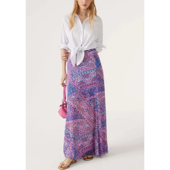 ba&sh Blossom Fanessa Maxi Skirt Blue & Pink Batik Floral Print Size 1 Small - Picture 4 of 16